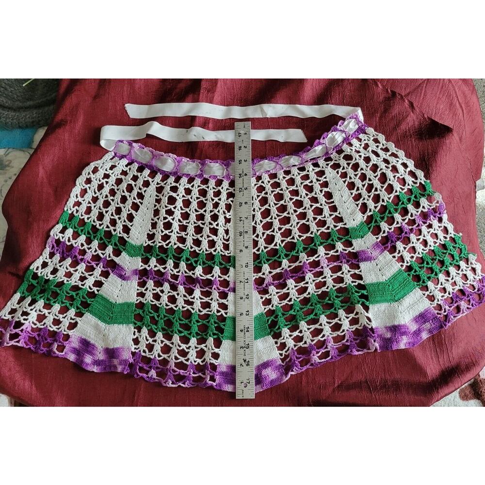 Vintage Handmade Crochet Half Apron Purple Green Farmhouse Ribbon Waist